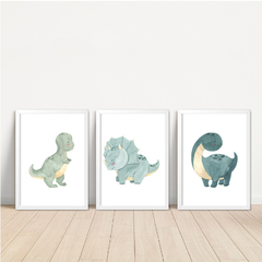 KIT 3 QUADROS DINOSSAUROS AQUARELA VERDE - comprar online