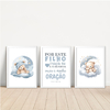 KIT 3 QUADROS URSO AQUARELA AZUL COM FRASE