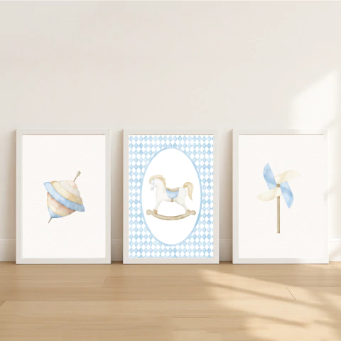 KIT 3 QUADROS RETRÔ AZUL - comprar online