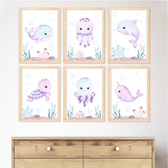 KIT 6 QUADROS FUNDO DO MAR LILÁS AQUARELA - comprar online