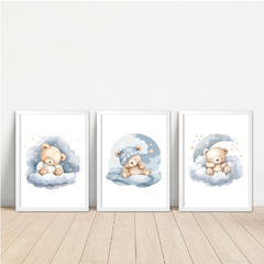 KIT 3 QUADROS URSO AQUARELA AZUL - comprar online