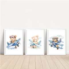 KIT 3 QUADROS URSO AVIADOR AQUARELA - comprar online