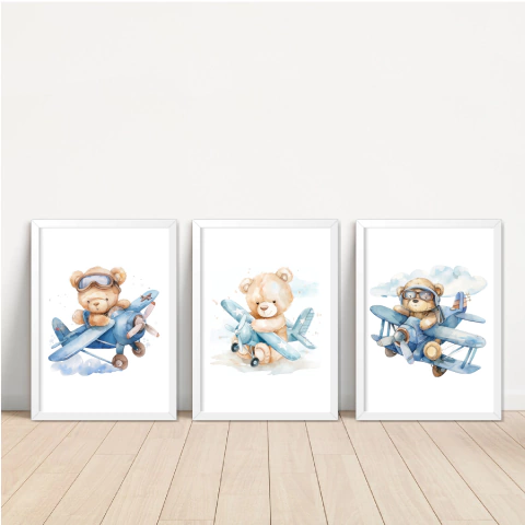 KIT 3 QUADROS URSO AVIADOR AQUARELA - comprar online