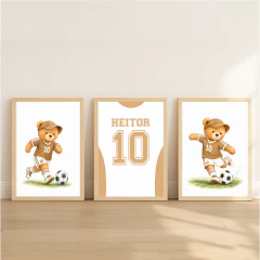 KIT 3 QUADROS URSO FUTEBOL MARROM
