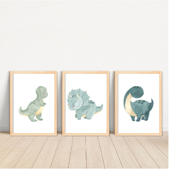 Imagem do KIT 3 QUADROS DINOSSAUROS AQUARELA VERDE