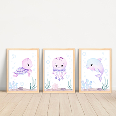 KIT 3 QUADROS FUNDO DO MAR LILÁS AQUARELA na internet