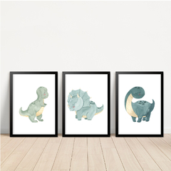 KIT 3 QUADROS DINOSSAUROS AQUARELA VERDE - La Artes Quadros e Decor