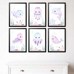 KIT 6 QUADROS FUNDO DO MAR LILÁS AQUARELA - La Artes Quadros e Decor