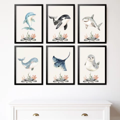 KIT 6 QUADROS FUNDO DO MAR CUTE - La Artes Quadros e Decor