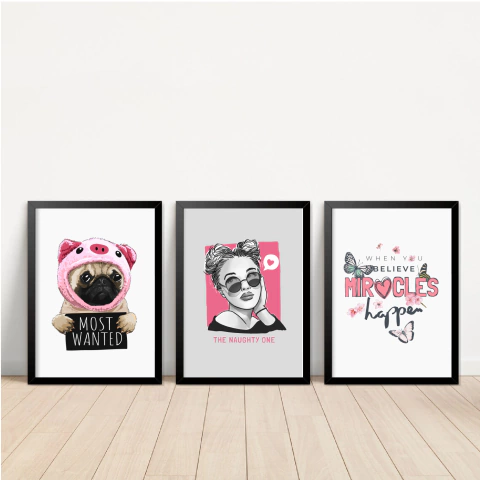 KIT 3 QUADROS GAROTA E O PUG