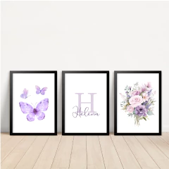KIT 3 QUADROS FLORAL LILÁS HELENA - La Artes Quadros e Decor