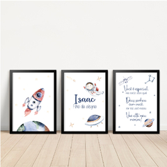 KIT 3 QUADROS ASTRONAUTA AQUARELA COM NOME - La Artes Quadros e Decor