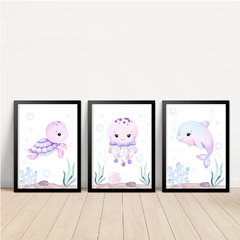 KIT 3 QUADROS FUNDO DO MAR LILÁS AQUARELA - La Artes Quadros e Decor