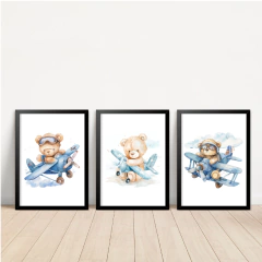 KIT 3 QUADROS URSO AVIADOR AQUARELA - La Artes Quadros e Decor