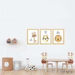 KIT 3 QUADROS SAFARI GIRAFA LEÃO E TIGRE