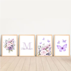 KIT 4 QUADROS FLORAL LILÁS