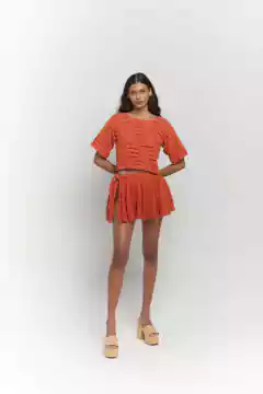 Blusa Cropped Manga 3/4 Crochê Terracota - (cópia)