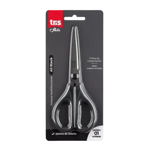 TESOURA MULTIFUNCIONAL HOLIC ALL BLACK - 17,5 CM - LÂMINA DE TITÂNIO - CARTELA C/ 1 UN - TRIS