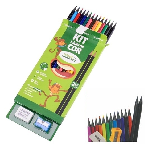 KIT LÁPIS DE COR 12 CORES C/2 LÁPIS HB/BORRACHA/APONTADOR LEOELEO