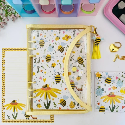 FICHARIO GLITTER ABELHINHAS COM 70 FOLHAS DECORADAS A5 (MEDIO)