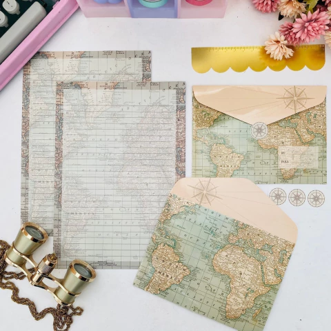 KIT PAPEIS DE CARTA COM ENVELOPES LA PALOMITA - MAPA MUNDI