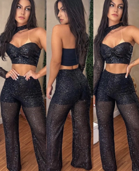 Calça pantalona de paetê 