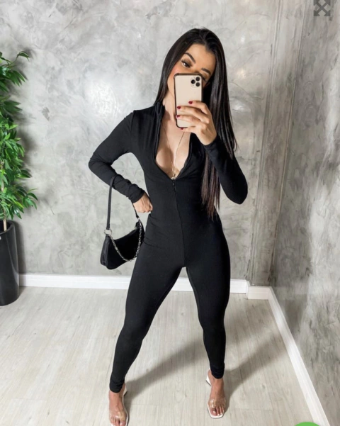 Macacão Manga Longa Preto - Macacão Canelado Preto - Macacão Preto - Promoção Loja Feminina -Roupa Feminina - Promoção Macacão 