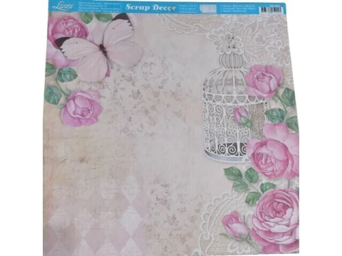 SCRAP DUPLA FACE GAIOLA BRANCA COM ROSAS 30,5X30,5 - comprar online