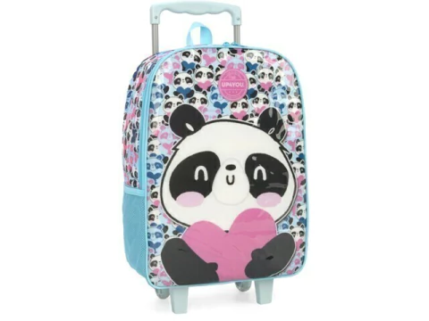 MOCHILA DE CARRINHO PANDA DE CORACAO COM CARRINHO AZUL CLARO - comprar online