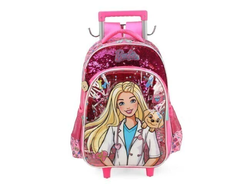 MOCHILA ESCOLAR DE CARRINHO PINK BARBIE VETERINARIA