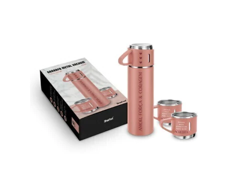 GARRAFA METAL VACUUM C 3 CANECAS AMOR FORCA E CORAGEM 420ML