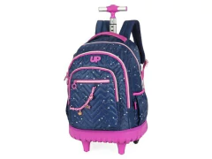 MOCHILA DE CARRINHO ESCOLAR INFANTIL UP4YOU ROXO COM ROSA na internet
