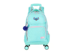 MOCHILA DE CARRINHO ESCOLAR INFANTIL STITCH TURQUESA RODINHA 360°