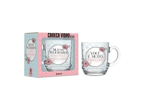 CANECA VIDRO ELEGANCE MUITAS FELICIDADES