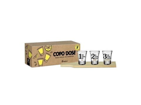 COPO DOSE COM 3UNID REGUA MADEIRA CACHACEIRO