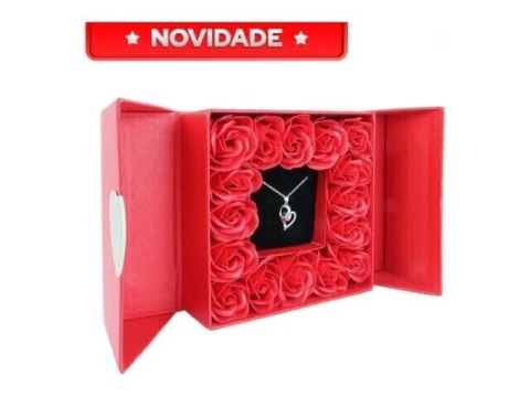 CAIXA DE PRESENTE 15CM PORTA JOIA COM COLAR E ROSA