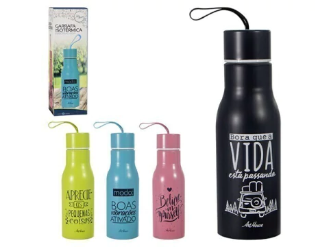 GARRAFA INOX 460ML COLOR FRASES COM ALCA SORTIDAS