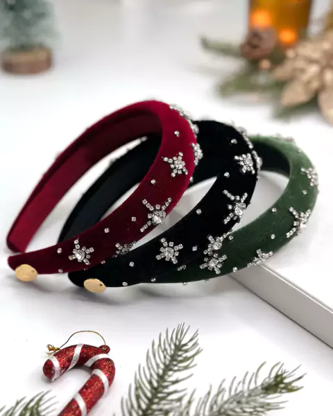 Tiara Belém Acolchoada de Veludo com aplicações em Strass Verde - Preta