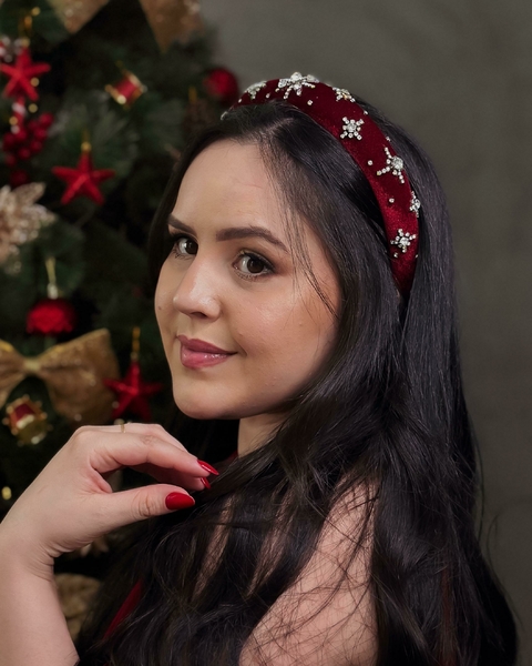Tiara Belém Acolchoada de Veludo com aplicações em Strass Verde - Bordô