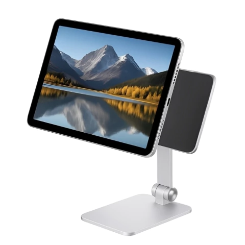 Soporte magnético ajustable multiángulo para iPad sujetando una tablet con pantalla de paisaje montañoso