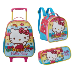 Kit Mochila com Rodinhas Hello Kitty + Lancheira + estojo Glitter