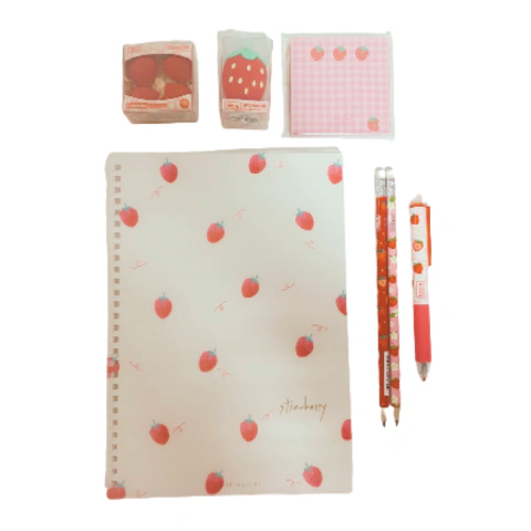 Kit Papelaria Morangos 10 Itens com Caderno B5 (Colegial) - Lojinha Mon Chou