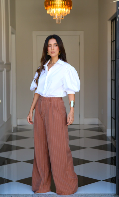 Calça Pantalona Amanda - Risca de Giz Marrom - comprar online