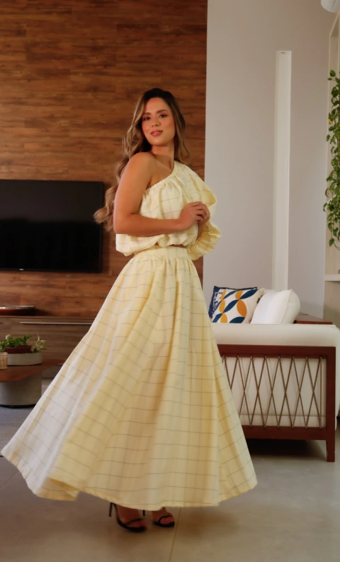 Saia Midi Beatriz - Xadrez Amarelo - comprar online