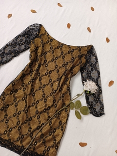 Vestido curto de renda e cetim preto e dourado - M/G - loja online