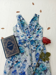 Vestido midi azul floral de pregas - M - loja online