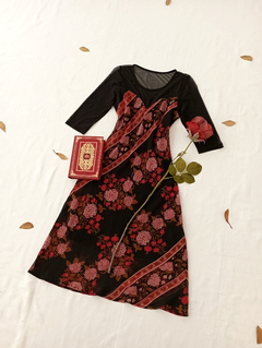 Vestido Super midi vermelho e preto floral romântico - P/M