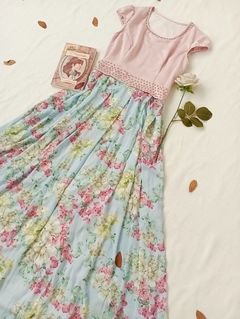 Vestido longo rosa e azul floral princesa - P/M