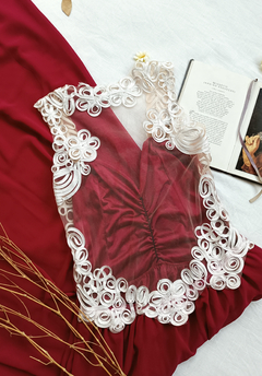 Vestido longo festa vinho marsala com tule franzido - M - loja online