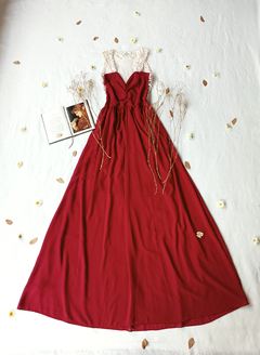 Vestido longo festa vinho marsala com tule franzido - M - comprar online